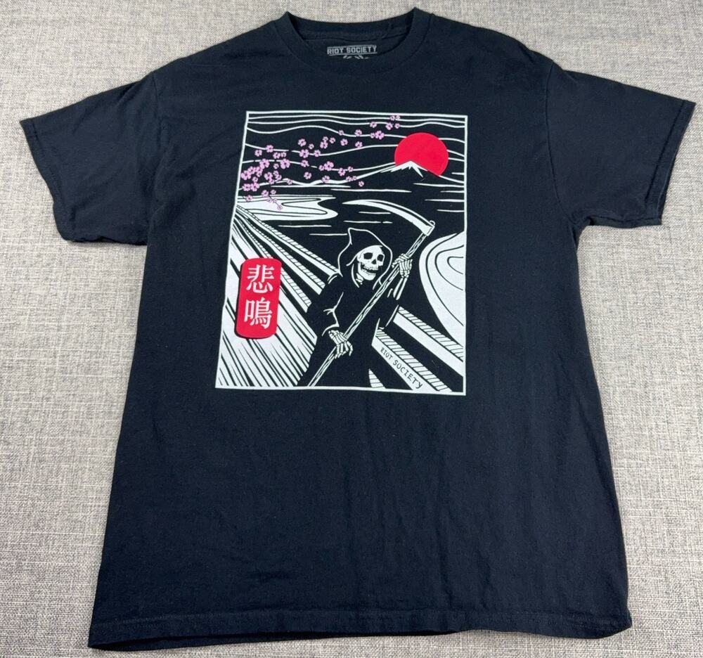 Riot Society Grim Reaper T Shirt Mens M Japanese Mt Fuji Cherry Blossom Black